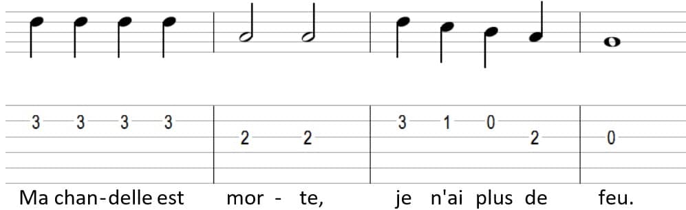 Au clair de la lune partition et tablature guitare - partie 3